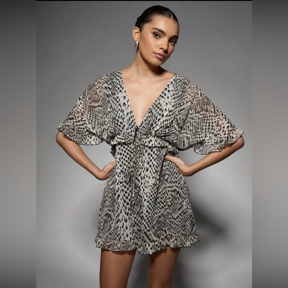 V-Neck Ruffled Snake Print Playsuit